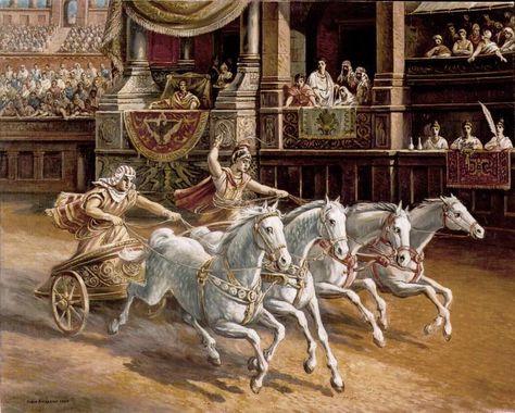 Chariot racing was in the first Olympic Games and one of Ancient Greece’s most famous statues is of a charioteer. Description from kizaz.com. I… Chariot Racing, Roman Chariot, Imperiul Roman, Ancient Olympics, Marshal Arts, Lucrezia Borgia, Circus Maximus, Roman History, Roman Art