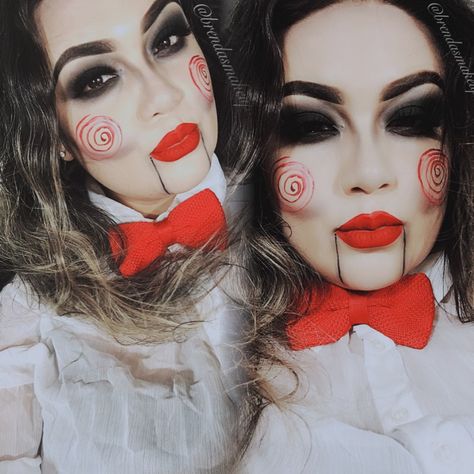 Billy The Puppet Costume Makeup Jigsaw The Saw Makeup Costume Easy fast costume ideas BrendasMakeup Womens Saw Costume, Billy Puppet Makeup, The Saw Halloween Costume, Diy Jigsaw Makeup, Jigsaw Diy Costume, Saw Puppet Costume, Jigsaw Makeup Woman, Billy The Puppet Makeup, Billy The Puppet Costume Female