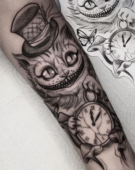 50 Rad Cat Tattoos To Immortalize Your Companion Cheshire Cat Tattoo Ideas, We're All Mad Here Tattoo, Wonderland Tattoo Ideas, Alice In Wonderland Tattoo Ideas, Mad Hatter Tattoo, Egyptian Cat Tattoos, Watercolor Cat Tattoo, Cat Paw Tattoos, Lucky Cat Tattoo