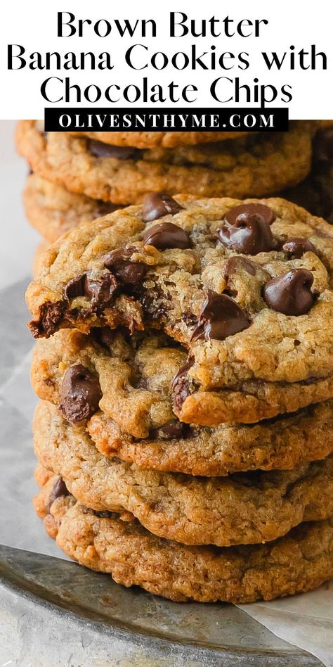 Chocolate Chip Banana Cookies Recipe, Banana Chocolate Chip Cookies Oatmeal, Chocolate Chip Banana Bread Cookies, Best Banana Cookies, 5 Banana Recipes, Healthy Banana Chocolate Chip Cookies, Banana Choc Chip Cookies, Brown Butter Banana Cookies, Banana Chocolate Chip Recipes