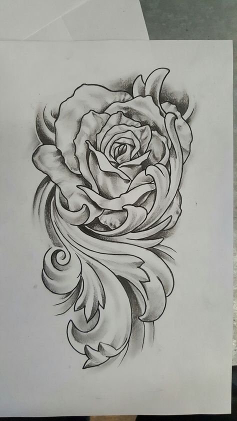 Rose with flourish tattoo design Flourish Tattoo, Skull Rose Tattoos, Rose Drawing Tattoo, Filigree Tattoo, Geniale Tattoos, Tattoo Stencil Outline, Tattoo Design Book, Floral Tattoo Design, Rose Tattoo Design