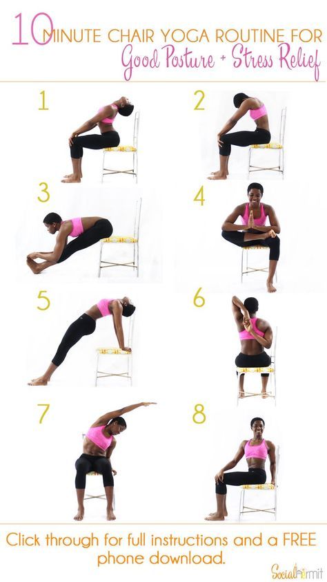 10 Minute Chair Yoga Routine for Good Posture and Stress Relief | Once you’re done with this routine, you’ll feel some of the pent up stress in your muscles from sitting down melt away and you’ll be ready get some more work done! Click through for a FREE Beginner Workouts For Women, Easy Workouts For Beginners, Yoga Ideas, The Splits, Yoga For Seniors, Beginner Workouts, Poses For Beginners, Yoga Beginners, Sup Yoga