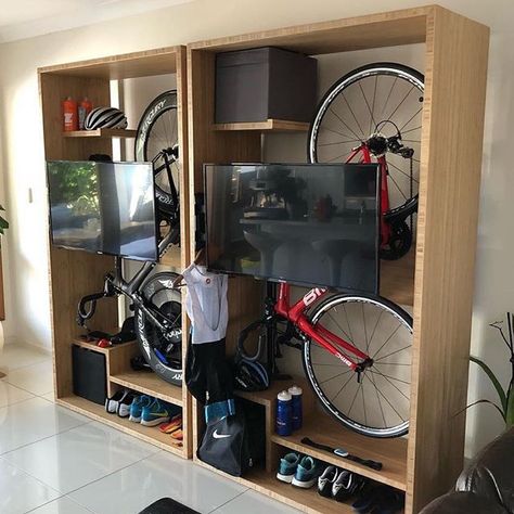 bicycle storage and tv stand in one Bicycle Storage Garage, Bike Wall Storage, Kids Bike Storage, Rack Velo, Bike Storage Apartment, Small Home Gyms, Indoor Bike Storage, Bicycle Garage, Bicycle Room