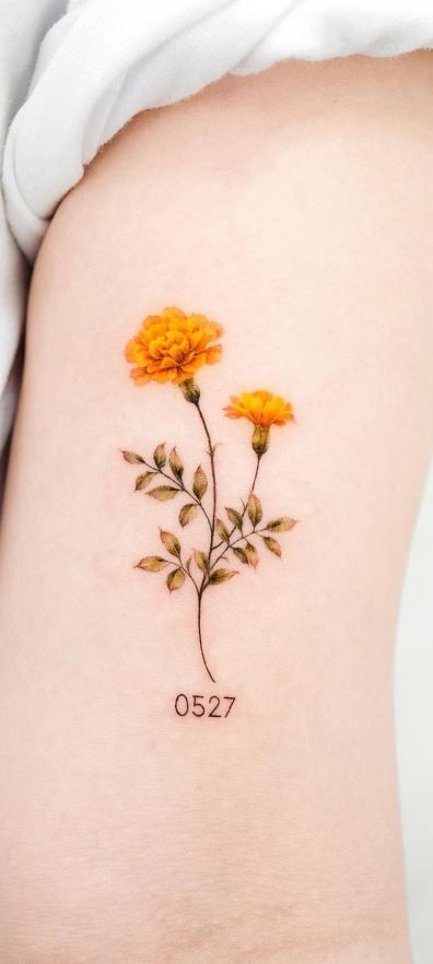 Marigold Finger Tattoo, Yellow Chrysanthemum Tattoo, Yellow Carnation Tattoo, Marigold Stamp Tattoo, Marigold Watercolor Tattoo, Marigold Flower Tattoos, Calendula Flower Tattoo, Orange Marigold Tattoo, Yellow Flower Tattoo