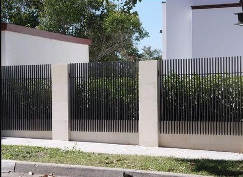 Fence Steel Design, Front Fence Lighting, Steel Fencing Ideas, Concrete And Metal Fence, Stone And Metal Fence, Vertical Fence Ideas Modern, Pool Boundary Fence Ideas, Modern Iron Fence, Modern Front Fence Design