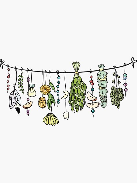 "Witch's Herbs" Sticker by machmigo | Redbubble Witch Plants Illustration, Witch Herbs Drawing, Witchy Aesthetic Drawing, Witch Aesthetic Stickers, Green Witch Drawing, Witch Herbs Aesthetic, Kitchen Witch Tattoo, Witch Drawing Aesthetic, Herb Doodles