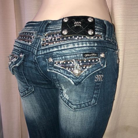 Miss Me Blue Jean With Gold/Silver Rhinestone And Sequins In A Boot Cut Style. Inseam 34 2000s Pants Jeans, Low Rise Bedazzled Jeans, Cool Jeans Aesthetic, Y2k Miss Me Jeans, Miss Me Jeans Low Rise, Cute Fits Jeans, Miss Me Bootcut Jeans, Miss Me Flare Jeans, Miss Me Jeans Aesthetic