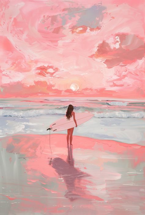 Girl With Surfboard, Surfboard On Beach, Beach Gallery Wall, Surfer Painting, Calm Sunset, Pink Coastal, Surf Painting, Sunset Girl, Up Poster