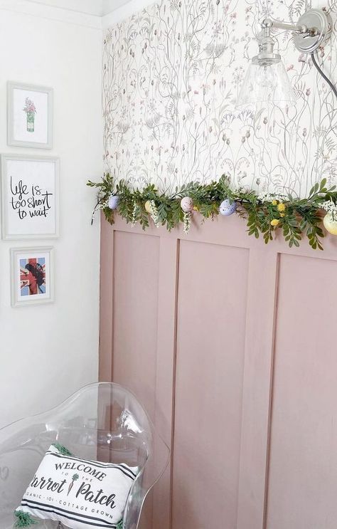 Blush Panelling, Blush Pink Panelling, Pink Wall Panelling Nursery, Pink Panelling And Wallpaper, Feature Wall In Nursery, Half Panelled Walls With Wallpaper, Pink Nursery Panelling, Nursery Decor Panelling, Nursery With Panel Walls