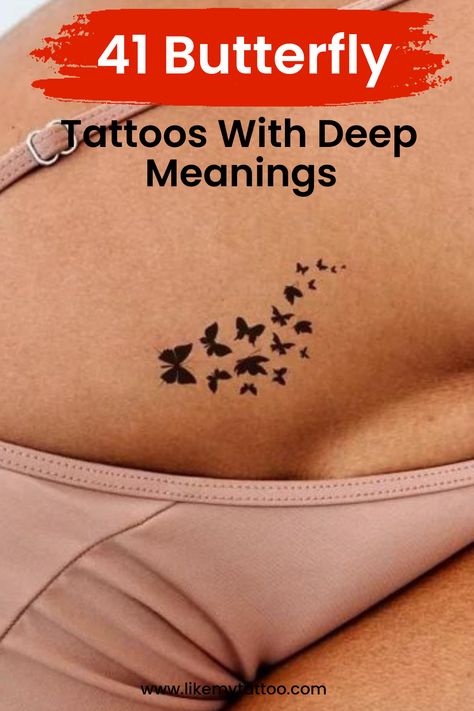 Butterflies aren't just pretty - they have meaning! Discover the stories behind elegant butterfly tattoos. Click the title to learn more! Tattoos With Deep Meaning Butterfly, Tiny Tattoos Angel Wings, Meaningful Tattoos For Lost Loved Ones Butterfly, Small Girly Tattoos With Meaning, Butterfly Tattoo With Meaning, Flying Bird Tattoos For Women, Butterfly Tatoos Woman, Sideways Butterfly Tattoo, Flying Butterflies Tattoo