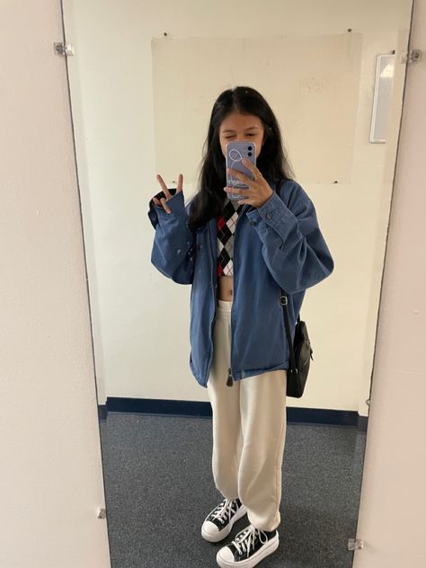 today's outfit details! • top: hand-me-down • jacket: hand-me-down (ralph lauren?) • sweatpants: hollister • shoes: converse Enhypen Shoes, Converse And Sweatpants, Sweatpants Hollister, Ralph Lauren Sweatpants, Converse Outfit, Classic Mirror, Shoes Converse, Outfits With Converse, Comfy Cozy