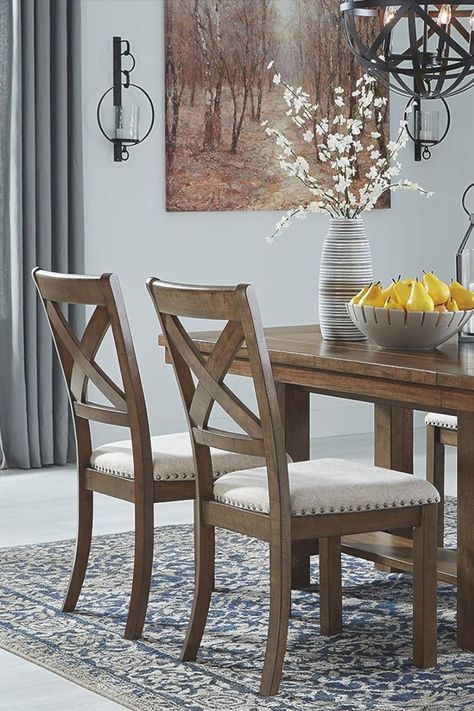 Signature Design by Ashley Moriville Modern Farmhouse Upholstered Dining Room Chairs Modern Farmhouse Chairs, Upholstered Dining Room Chairs, Farmhouse Style Dining Table, Dining Room Chairs Upholstered, Style Dining Table, Farmhouse Chairs, Country Farmhouse Style, Dining Room Chair, Home On The Range