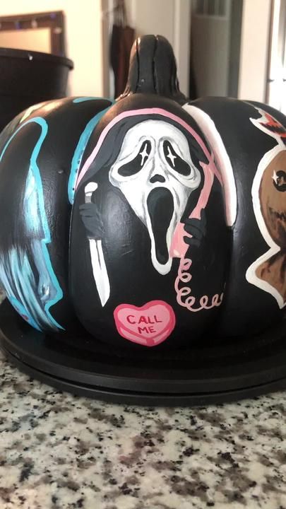 Halloween Painting On Pumpkin, Pumpkin Painting Ideas Creative Hard, Halloween Spooky Painting Ideas, Pumpkin Painting Ideas Horror Movie, Scream Face Pumpkin Painting, Annabelle Pumpkin Painting, Cute Spooky Pumpkin Painting Ideas, Cool Things To Paint On A Pumpkin, Michael Myers Painted Pumpkin