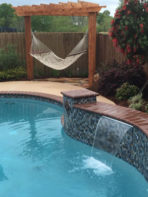 Hammock by a pool Hammock Pool Ideas, Hammock By The Pool, Poolside Hammock Ideas, Pool With Hammock, Pool Hammock Ideas, Hammock Over Pool, Hammock By Pool, Patio Hammock Ideas, Hammocks Backyard