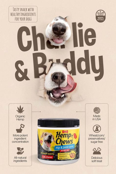 Hemp Mobility - Hemp Chews for Dogs + Glucosamine for Dogs -Hip & Joint Supplement for Senior Dogs MSM, Turmeric to Improve Mobility & Energy - Calming Chews for Dogs - Pain Relief Pet Advertising, Pet Food Packaging, Dog Marketing, Pet Branding, 잡지 레이아웃, Improve Mobility, Glucosamine Chondroitin, Pet Hotel, Pet Businesses