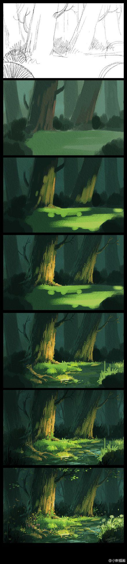 Hermoso! How To Color Wood Digital Art, Digital Scenery Tutorial, Illustration Process Step By Step, Drawing Forest Tutorial, Digital Painting Process Step By Step, Wood Digital Art Tutorial, How To Shade Background Digital, Woods Background Drawing, Wood Drawing Reference