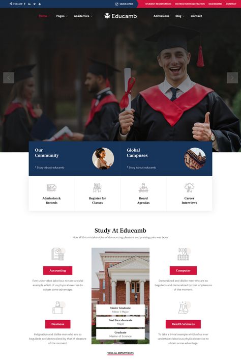 Educamb is a powerful Learning Management System (LMS) WordPress theme designed for educational institutions, online courses, and e-learning websites. This theme provides an easy-to-use interface and a range of customization options that enable users to create a unique and professional-looking website that is optimized for educational purposes. With features like course management, quiz creation, and student tracking,anage their student base. Lms Design, Websites For Students, Business Major, Study Course, Learning Websites, College Design, Wordpress Theme Design, Learning Management System, Ux Web Design
