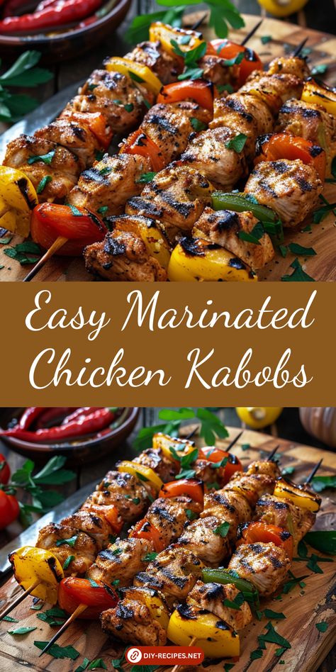 Enjoy easy marinated chicken kabobs with this recipe. A simple marinade and fresh veggies make these kabobs a delicious grilled meal. Chicken Kabobs On The Grill Marinade Recipes, Chicken Kabobs Marinade Recipes, Kebabs On The Grill Chicken, Chicken Shish Kabobs Marinade Recipes, Kabob Marinade Chicken, Chicken Skewers Meal, Grilled Chicken Kabobs Recipes, Chicken Marinade For Kabobs, Chicken Kabob Seasoning