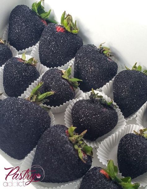 Strawberries dipped in black chocolate and covered with black sanding sugar. Call or email us to book your dream dessert today! #chocolateberries #chocolatestrawberries #chocolatecoveredstrawberries #desserttables #treattableideas #desserttableideas #dinnerpartyideas #dinnerpartydesserts #dessertplatters 30th Birthday Party Themes, Dream Dessert, Chocolate Melts, 30th Bday Party, 30th Birthday Themes, 30th Birthday Bash, Halloween Breakfast, Sanding Sugar, Cakes And Desserts