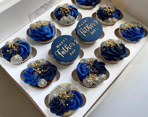 Navy Blue And Silver Cupcakes, Blue Cupcakes For Men, Black And Blue Cupcakes, Royal Blue And Gold Cupcakes, Happy Birthday Cupcakes For Men, Navy Blue Cupcakes, Royal Blue Cupcakes, Blue And Gold Cupcakes, Cupcake Trends