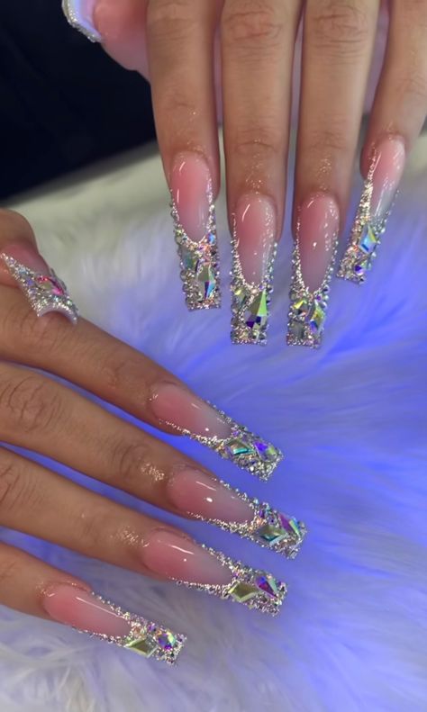 Blinged Out Long Acrylic Nails, Bling Out Acrylic Nails, Badazzel Nail, Nails Acrylic Gemstone, Full Bling Nail Set, Full Diamond Nails, Capricorn Nails Acrylic Long, French Tip Nails With Righnstones, Long Sparkly Nails