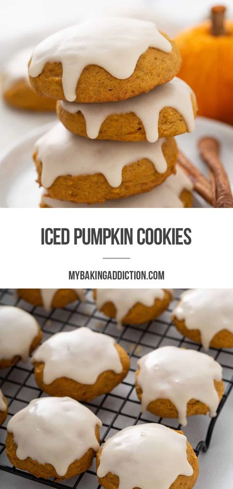 These Iced Pumpkin Cookies are soft and cake-like, topped with a vanilla glaze icing. This is a recipe you’ll want to make again and again. Pie, Essen, Iced Pumpkin Cookies, Fall Desserts Pumpkin, Soft Pumpkin Cookies, Cookie Glaze, Cookie Icing Recipe, Cinnamon Icing, Pumpkin Cookie Recipe