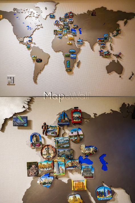 Magnetic stainless steel world map with colourful refrigerator magnets World Map Magnetic Board, Magnet Board For Travel Magnets, World Map Ideas, Magnet Display Ideas, Travel Magnet Display Ideas, Color World Map, World Map Wall Decor, Crockery Unit, Map Puzzle