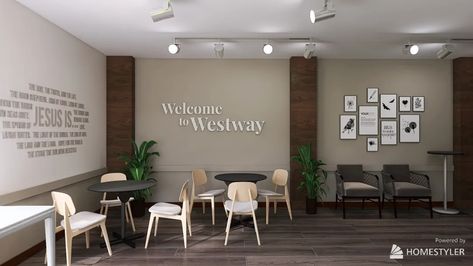 Westway Church Lobby Redesign - Version 2 design ideas & pictures (61 sqm)-Homestyler Church Lobby Furniture, Small Church Lobby Design, Church Foyer Ideas Lobbies, Multipurpose Room Design, Church Lobby Design, Church Foyer, Church Lobby, Lobby Ideas, Floor Planner