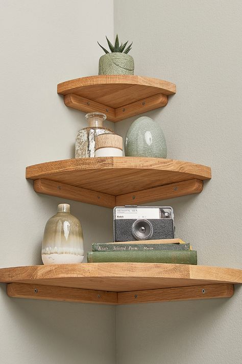 Oak Corner Shelves with styling inspiration Angle Shelf Corner Shelving, Corner Shelves Wall Mounted, Corner Shelves Oak, Wooden Shelf Aesthetic, Wooden Corner Shelf Kitchen, Rounded Corner Shelves, Corner Shelf Design Living Room, Corner Shelf Ideas Bedroom, Corner Shelves Design