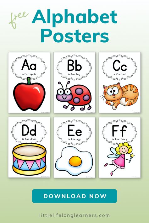 Are you ready to help your preschooler learn their ABCs? Make letter recognition fun and easy with these engaging and colourful alphabet printables! Download your free alphabet posters to create an inviting alphabet display at home or in your classroom. Playfully explore letters and their sounds with your preschooler to develop early literacy and pre-reading skills. Free Alphabet Printables Letters Posters, Alphabet Posters For Classroom Free, Free Alphabet Posters, Abc Poster Printable Free, Alphabet Bulletin Board Ideas, Alphabet Poster Printable Free, Free Alphabet Printables Letters, Alphabet Printables Letters, Alphabet Letters With Pictures