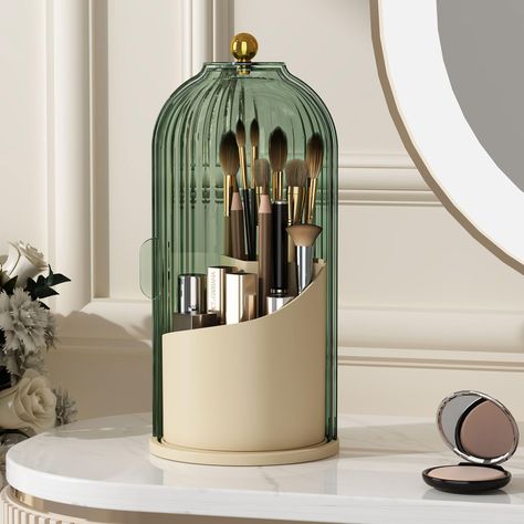 PRICES MAY VARY. Sliding Door: Makeup brush holder with lid is enclosed, so no more dust particles and bacteria landing on makeup brushes, sliding to close rather than lifting a cover from up above 360 Degrees Rotating Base: Make up brush holder organizer spins, so you can access all the items easily, the cover can stay on when brushes are removed or added 3 Different Sections: With different depths slots, makeup brush storage allows short or tall makeup brushes and small cosmetic tools to be st Makeup Brush Organizer, Desktop Shelf, Brush Organizer, Makeup Area, Freestanding Storage, Makeup Brush Organization, Makeup Brush Storage, Cosmetic Display, Makeup Brush Holder