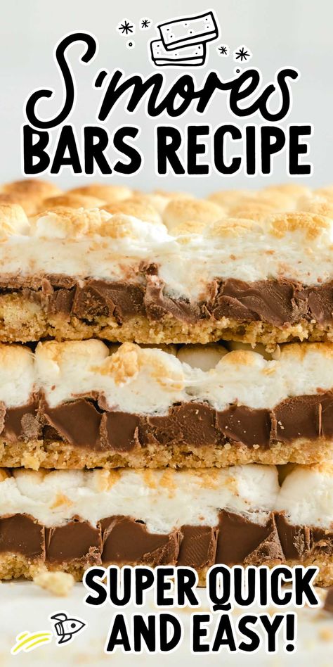 Every bite of these gooey chocolate and marshmallow-filled s’mores bars will make you feel like you are sitting around the campfire! S’more Dessert Bar, S’mores Bars, Smores Desserts, Smores Dessert Recipes, Smores Bar Recipe, Smores Bars, Chocolate Smores, S Mores Bars, Smores Dessert