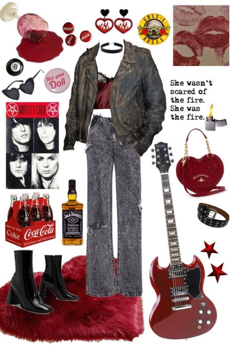 Rocker 80's Outfit, 80 Rockstar Outfit, Rock N Roll Outfit Ideas, Rock And Roll Aesthetic Outfit 80s, 90s Rock Fashion 1990s, Metal Band Outfits Women, 80s Fashion For Women Rock, Metal Rock Aesthetic Outfit, Rockstar Gf Party Outfit