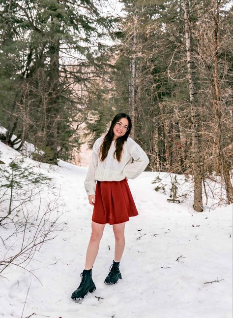 white cable knit sweater red dress skirt boots women’s fashion outfit winter inspo aesthetic OOTD Red Skirt Winter Outfit, Red Skirt Winter, Winter Inspo Aesthetic, Black Maxi Skirt Outfit, Winter Layering Outfits, Skirt Boots, White Cable Knit Sweater, Aesthetic Ootd, Red Sweater Dress