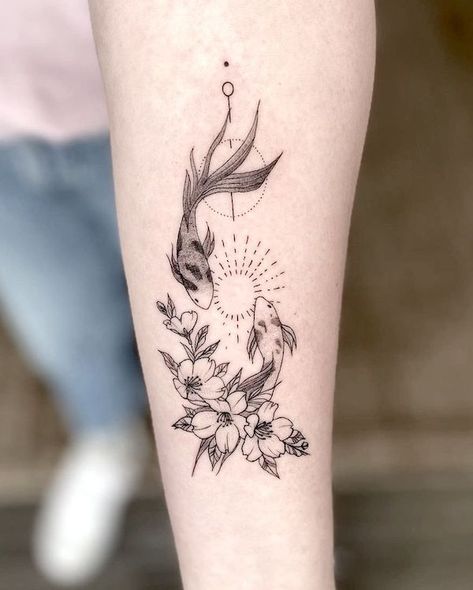 Pisces Cherry Blossom Tattoo, Pisces Fish Tattoo With Flowers, Koi With Flowers Tattoo, Koi Fish Floral Tattoo, Flowers And Fish Tattoo, Koi Cherry Blossom Tattoo, Koi And Cherry Blossom Tattoo, Daffodil And Cherry Blossom Tattoo, Feminine Koi Fish Tattoo