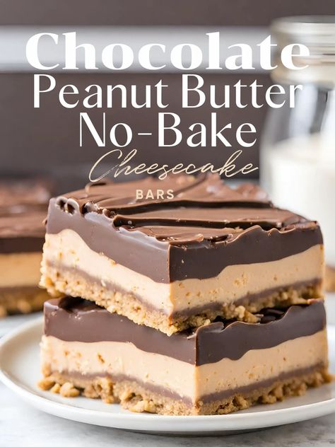 Ingredients: Crust: 2 cups crushed graham crackers 1/2 cup melted butter Peanut Butter Layer: 8 oz. cream cheese, room temperature Chocolate Peanut Butter Cheesecake Bars, Peanut Butter Cheesecake Bars, Chocolate Cheesecake Bars, Chocolate Peanut Butter Cheesecake, Cream Cheese Desserts, Peanut Butter No Bake, Peanut Butter Chocolate Bars, Peanut Butter Cheesecake, Bake Cheesecake