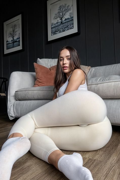 A woman wearing white leggings and socks is sitting on the floor in front of a couch. Socks Over Leggings Outfit, Socks Over Leggings, Floor Poses, Women Leggings Outfits, Estilo Fitness, Hot Leggings, Leggings And Socks, Leggings Outfit, Curvy Women Outfits