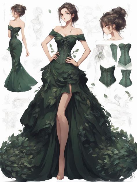 Green Clothes Drawing, Green Prom Dress Outfit, Green Dress Drawing, Fantasy Formal Wear, Formal Green Dress, Green Dress Aesthetic, Fashion Design Drawing, Dreamy Gowns, Draw Hands