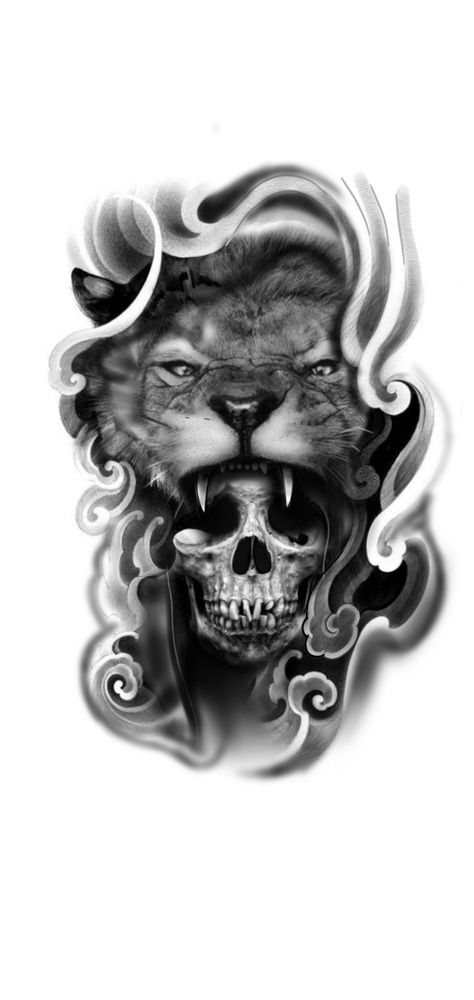 Evil Lion Tattoo, Lion Skull Tattoo Design, Lion Skeleton Tattoo, Skull Lion Tattoo, Lion Skull Tattoo, Lion Sleeve, Mouth Tattoo, Masculine Tattoos, Creative Design Ideas