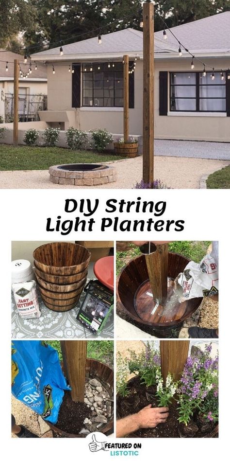 String Light Planters, Light Planters, Garden Ideas Budget Backyard, Patio Ideas On A Budget, Backyard Patio Ideas, Diy String Lights, Easy Backyard, Budget Patio, Backyard Diy Projects