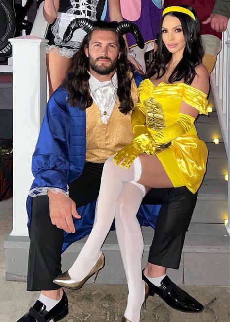 Beauty Beast Costume, Couples Costume Ideas Brunette, Belle And Adam Costume, Halloween Couple Costumes Disney Princess, Beauty And Beast Halloween Costume, Bell And The Beast Costume, Beauty And The Best Couple Costume, Prince And Princess Couple Costume, Belle Couple Costume