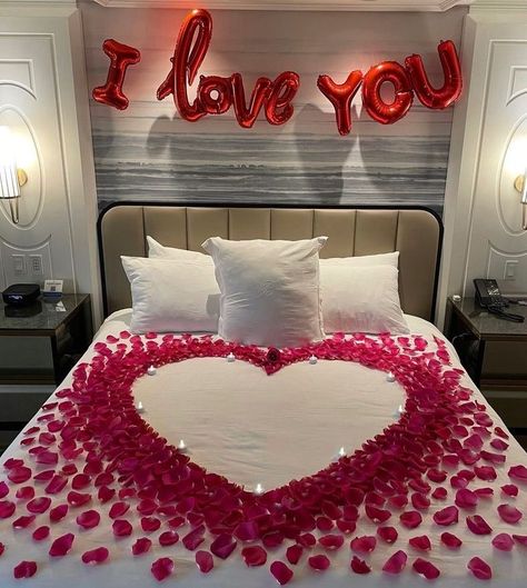 40 Beautiful Wedding First Night Bedroom Decoration Ideas Hotel Room Decoration, First Wedding Night, Wedding Night Room Decorations, Romantic Dinner Decoration, Romantic Room Surprise, Romantic Room Decoration, Flower Room Decor, Wedding Room Decorations, Wedding Bed