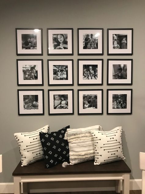 Dining decor with all food themed family photos. Dining bench with pillows to tie it together Bench With Pillows, White Photo Wall, Sitting Bench, Black And White Photo Wall, Bench Pillows, All Food, Entry Way, White Photo, Dining Decor