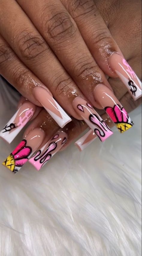 Acrylic Nails Graphic Design, Honeycomb Nails Acrylic, Long Square Acrylic Nails Designs For Summer, 90s Nail Designs Black Women, Money Bag Nails, Street Wear Nails, Dope Nail Designs Swag, Gangsta Nails, Ysl Nails