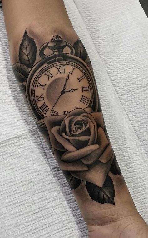 Tato Jam, Clock And Rose Tattoo, Tato Mandala, Catrina Tattoo, Tattoo Placements, Rose Tattoos For Men, Forarm Tattoos, Forearm Sleeve Tattoos, Inspiration Tattoos