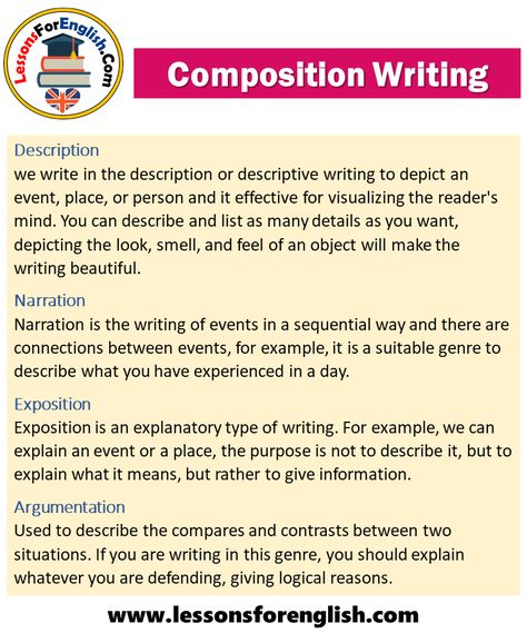 Types of Composition Writing and Examples Composition Writing Writing is not as easy as talking, there are certain rules for writing good compositions. Creating integrity of meaning and doing good research are some of these rules. Before starting the composition, it is determined which type will be written and information is collected accordingly so in our article you will learn about composition types and rules firstly. Types of Composition Writing Compositions are written in different ... Descriptive Writing Examples Student, How To Write A Composition, Teaching Composition Writing, Composition Writing English, English Composition College, Composition Types, College Composition, Persuasive Writing Techniques, Writing Types