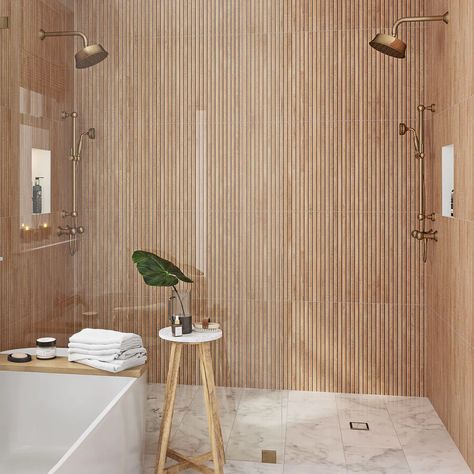 Slat Wall Tile, Wood Tile Shower, Wood Tile Bathroom, Natural Bathroom, Bamboo Bathroom, Wood Look Tile, Bathroom Spa, Wood Bathroom, Slat Wall