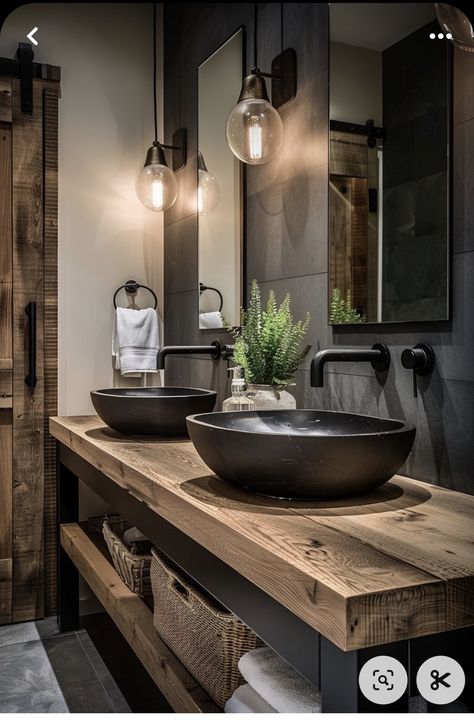 Dark Interior Design Bathroom, Mountain Modern Half Bath, Boho Dark Bathroom, Bathroom Cabinet Ideas Diy, Mountain Home Bathrooms, Two Sinks Bathroom Ideas, Two Person Bathroom, Toilet Decoration Ideas, Bathroom Sink Ideas Modern