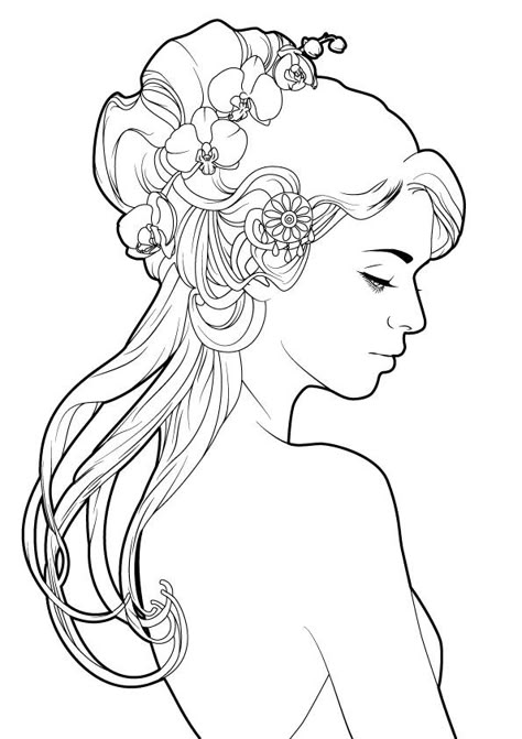 A simple line art inspired from mucha. Here is the colored piece : and the original picture: Art Nouveau Mucha, Nouveau Illustration, Mucha Art, Art Nouveau Illustration, Mermaid Coloring Pages, Flowers In Her Hair, Desenho Tattoo, Mermaid Coloring, Coloring Pages For Girls