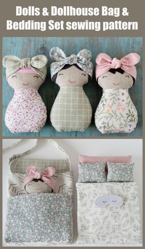 Dolls and Dollhouse Bag & Bedding Set sewing pattern. Making these lovely tiny dolls is an ideal project for beginners and for children’s craft! These soft dolls can become a good child’s friend! It's an easy and fast project that requires very little supplies. Simple Sewing Toys, Super Easy Sewing Patterns, 2022 Sewing Patterns, Hand Sewn Dolls Diy, Portable Doll House Free Pattern, Sewing Mini Projects, Tiny Doll Pattern Free, Beginner Sewing Stuffed Animals, Rag Doll Animals